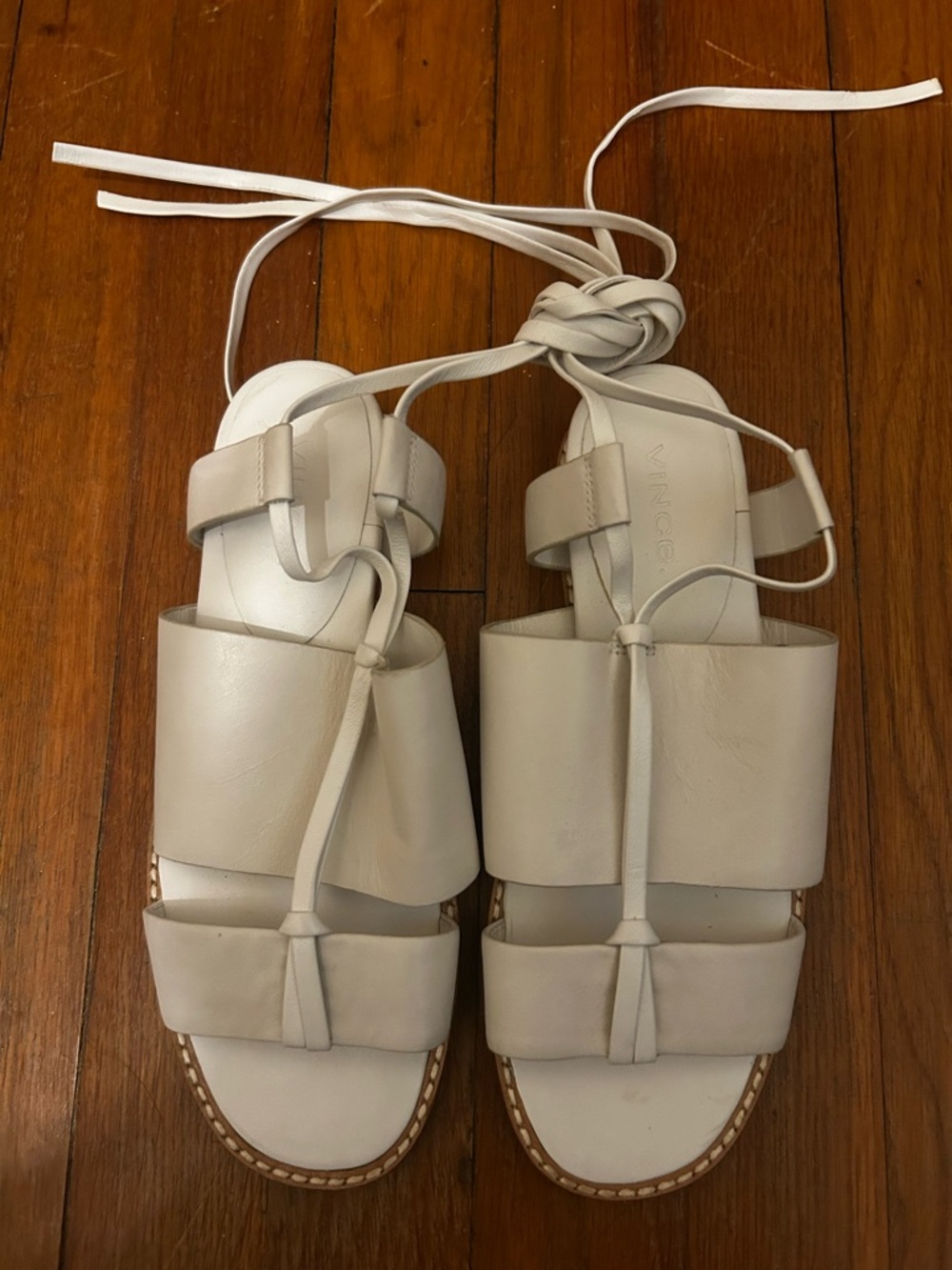 Vince White Leather Lace-Up Flat Sandals